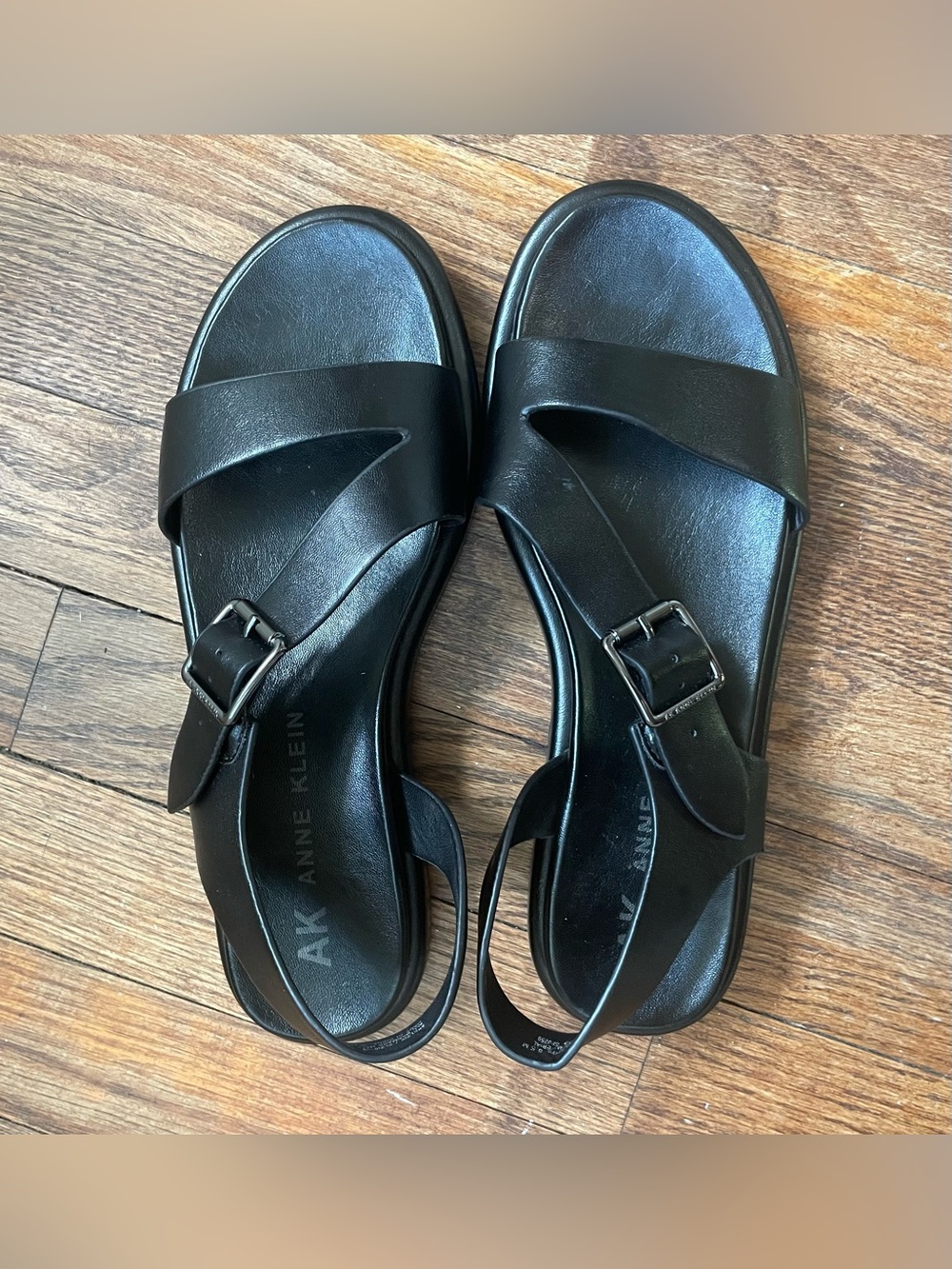 Anne Klein Black Leather Buckle Cross-Strap Sandals